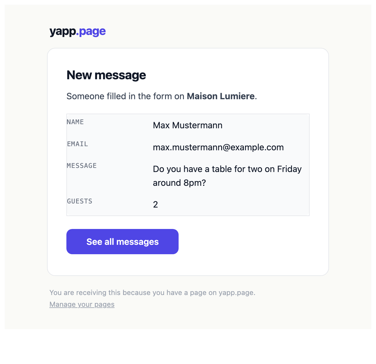 The email you receive: the page name and every field the visitor filled in