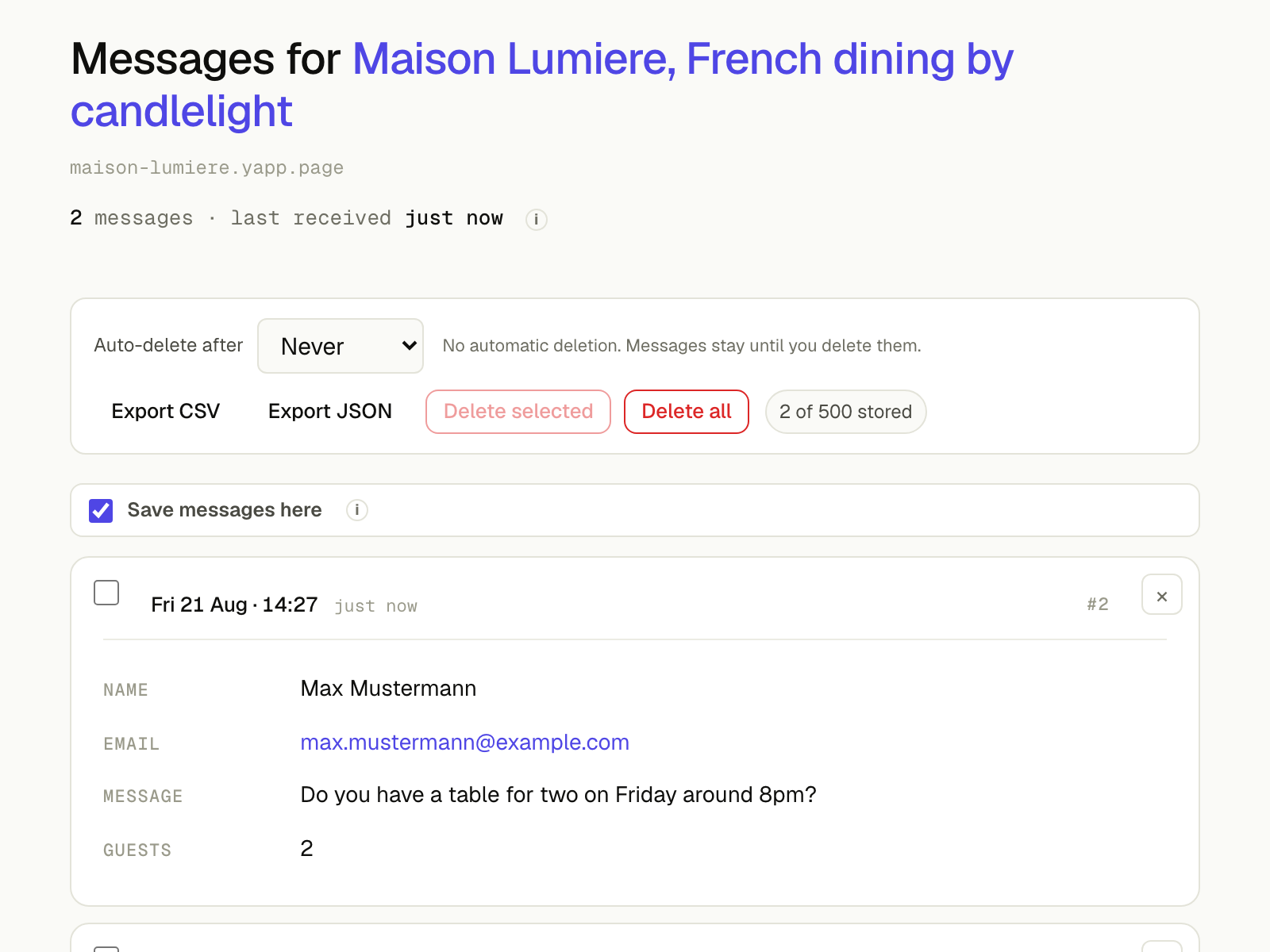 The Messages screen listing a submission with its fields