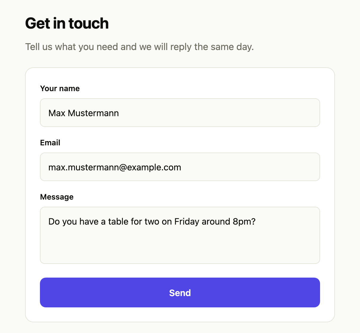 A contact form on a published page, with name, email and message fields and a Send button