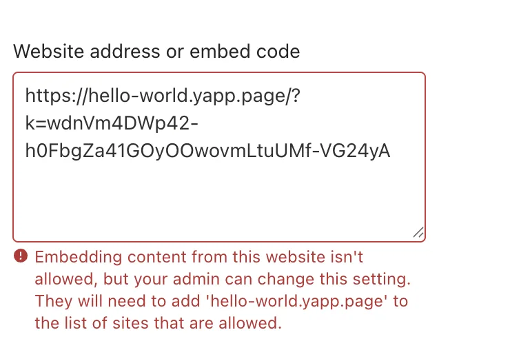 SharePoint Embed web part showing the error: Embedding content from this website isn't allowed, but your admin can change this setting, naming the host hello-world.yapp.page