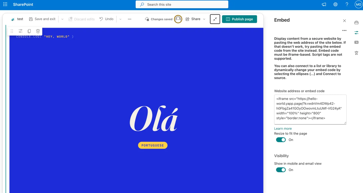 A page hosted on yapp.page rendering inside the Embed web part on a SharePoint page, with its JavaScript running