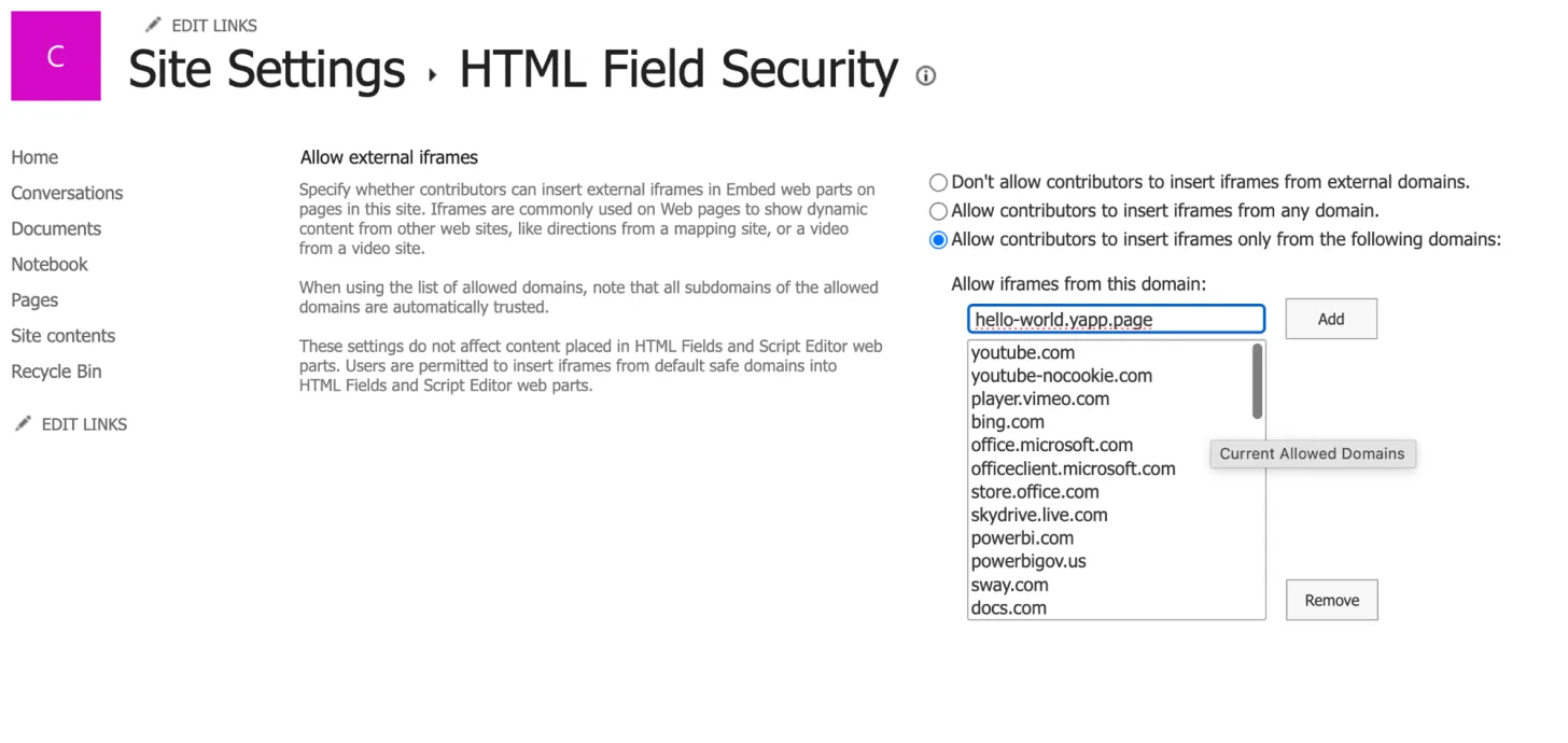 HTML Field Security settings with allow contributors to insert iframes only from the following domains selected and hello-world.yapp.page entered next to the Add button