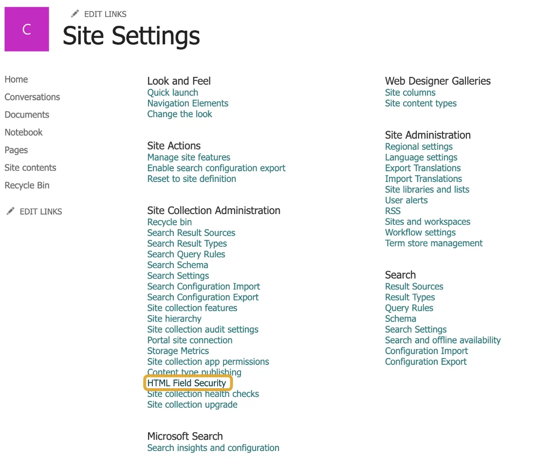 SharePoint Site Settings page with HTML Field Security highlighted under Site Collection Administration