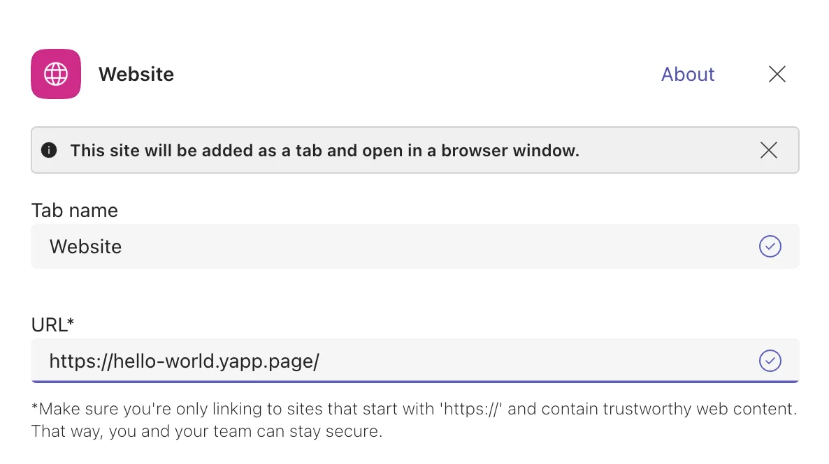 The Microsoft Teams Website tab dialog with a yapp.page URL entered and a notice saying the website is added as a tab and opened in a browser window
