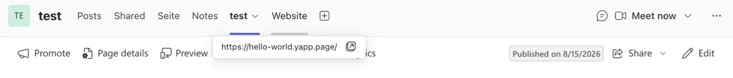 A Website tab in Microsoft Teams showing a link popover with the page URL and an open-in-browser icon instead of rendering the page